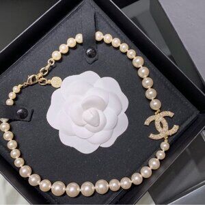 CHANEL Pearly Necklace with Crystal CC Logo & Camellia
